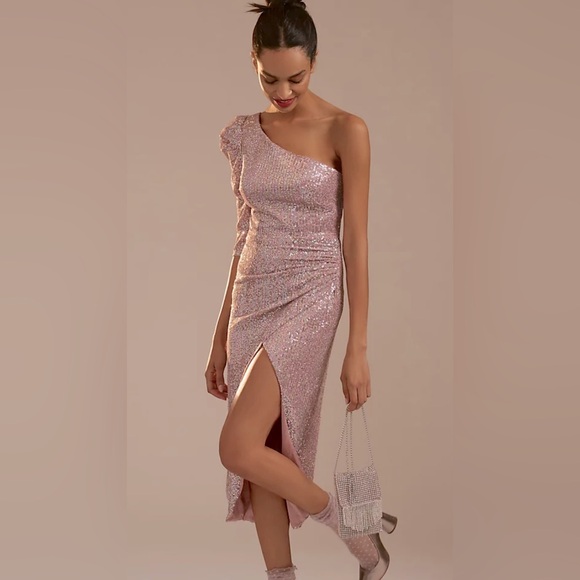 NWT Mac Duggal Sequins One Shoulder Faux Wrap Dress Mauve Multi Color Size 4 - Picture 1 of 12